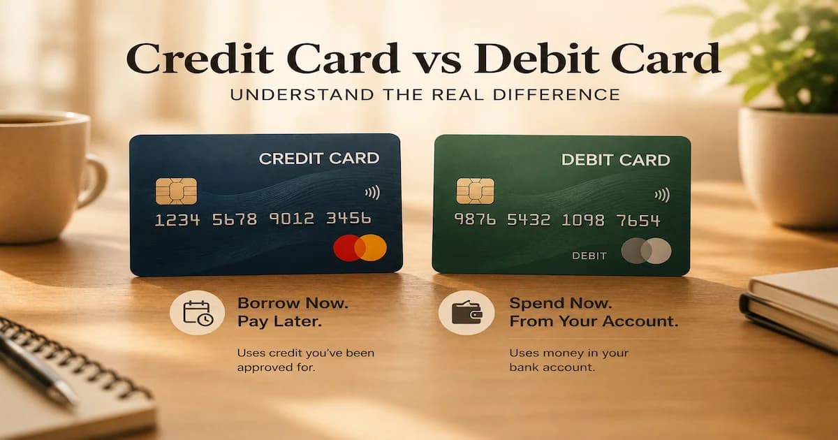A credit card and a debit card shown side by side, illustrating the difference between borrowing on credit and spending from a bank account