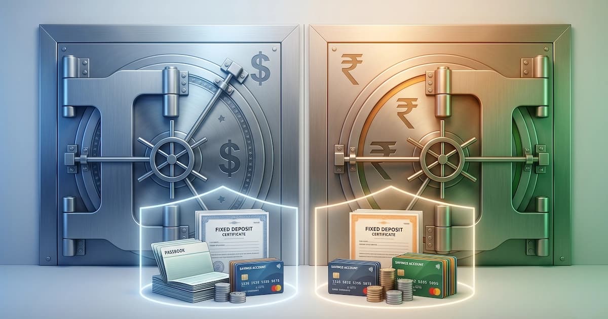Two bank vault doors side by side, one labelled with US dollars and the other with Indian rupees, illustrating FDIC and DICGC deposit insurance coverage