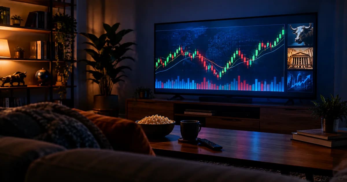 A television screen showing a financial news chart in a dark room, set up for watching finance documentaries