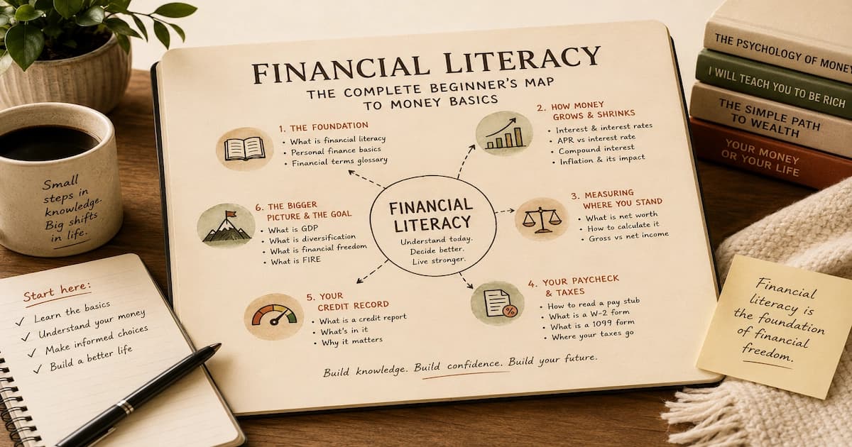 A map of financial literacy fundamentals — interest, inflation, net worth, pay stubs, credit, taxes and long-term goals — that together form the basics of understanding money