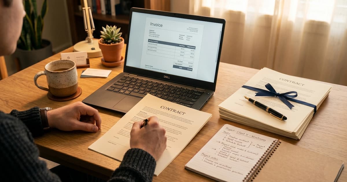 Freelancer setting up workspace with laptop, contract documents, and invoicing software for beginner freelance work