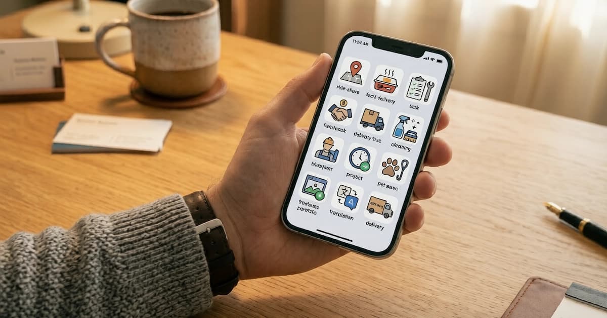 Smartphone showing multiple gig economy platform apps (ride-share, delivery, task work) on home screen