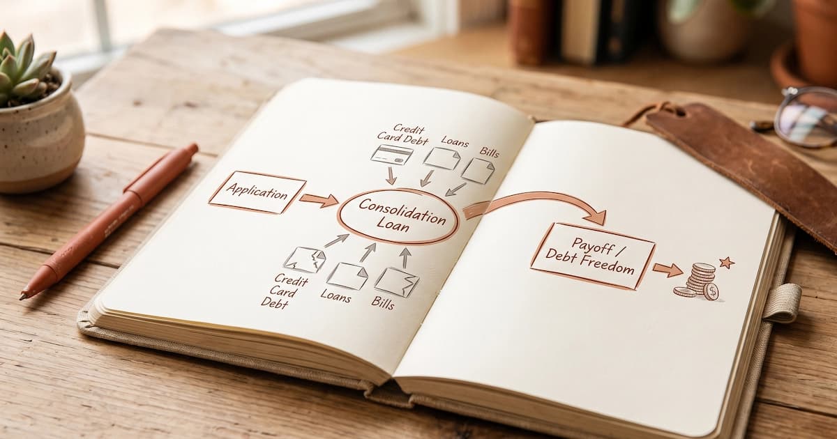 A flowchart illustrating how debt consolidation works step by step from application to payoff