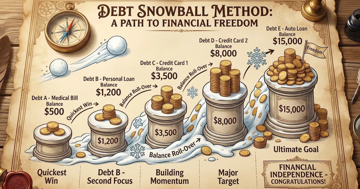 A visual representation of the debt snowball method showing balances rolling from smallest to largest