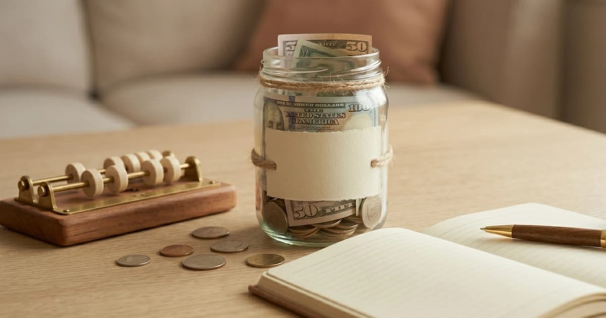 A calculator and notebook calculating an emergency fund target with a savings jar nearby