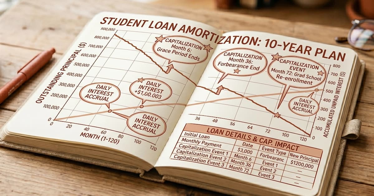 Student loan amortisation chart showing daily interest accrual and capitalisation milestones