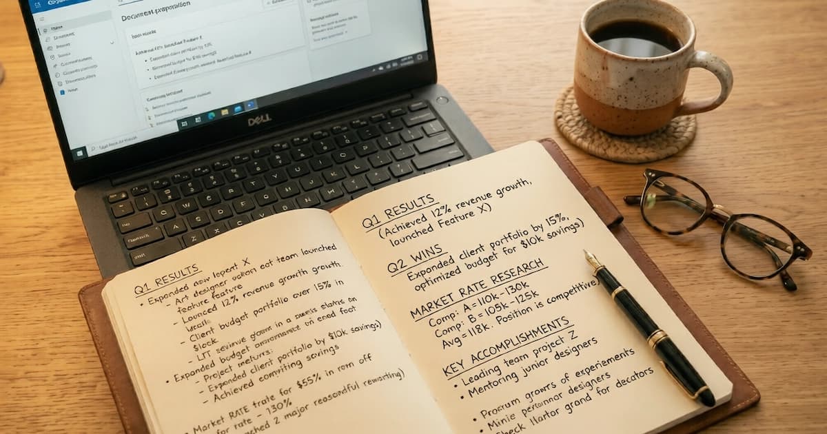 Professional preparing documentation and notes for an upcoming salary raise conversation with manager