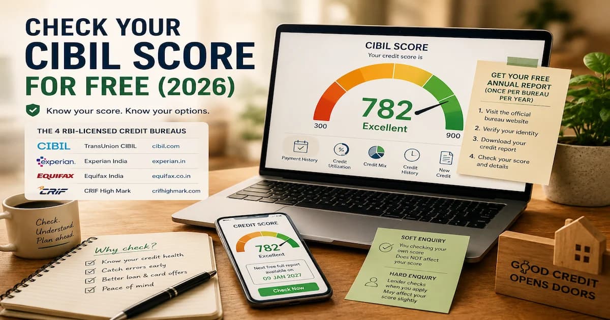 A CIBIL score gauge from 300 to 900 with the steps to pull a free annual credit report from India's four RBI-licensed credit bureaus