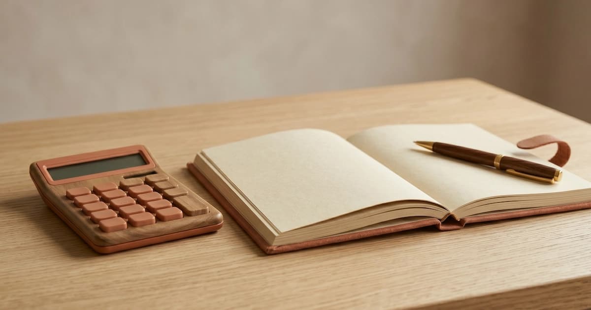 A budget notebook with a pen and a calculator on a wooden desk