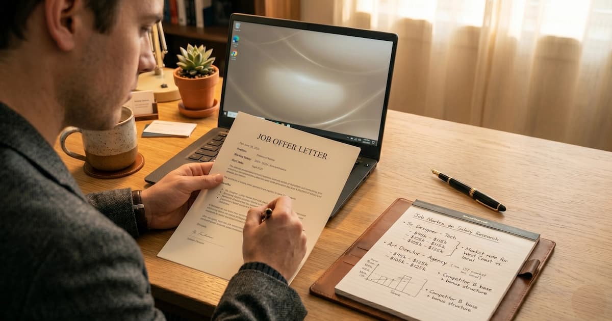 Professional reviewing job offer letter and salary research notes during a negotiation preparation session