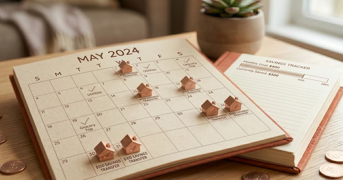 A monthly calendar with savings transfer dates marked next to a small notebook