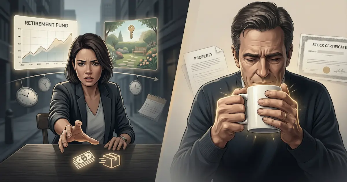 A split image showing a person reaching for an immediate small reward while ignoring a larger delayed reward on one side, and clutching an ordinary mug as if it were valuable on the other, illustrating hyperbolic discounting and the endowment effect
