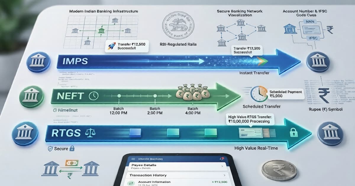 Three parallel arrows of different lengths representing IMPS, NEFT, and RTGS bank transfer speeds, with the Indian rupee symbol illustrating India's three RBI-regulated payment rails