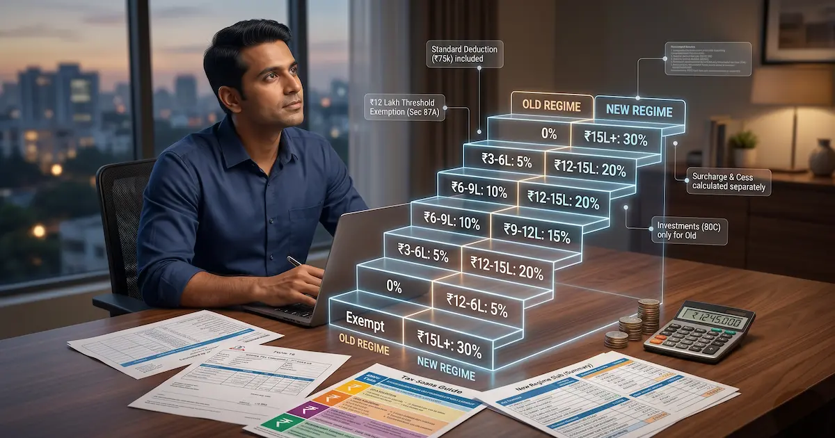 A staircase of progressively taller blocks representing India's progressive income tax slab structure, with the Indian rupee symbol and percentage labels marking each band