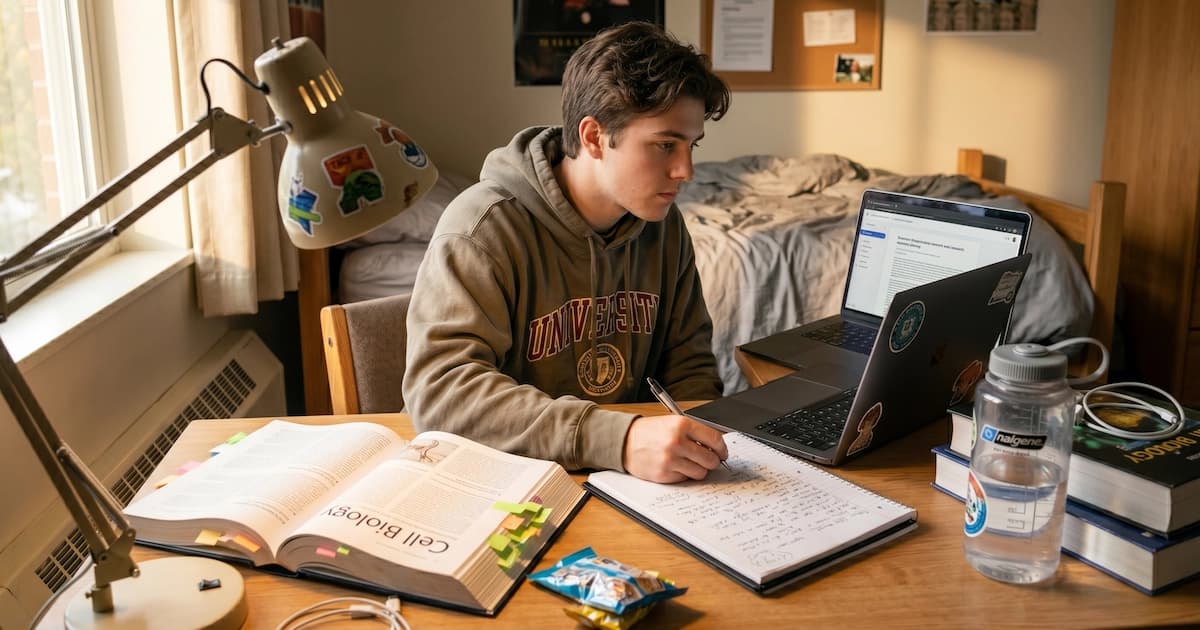 Student with laptop and notebook studying and working on online income source between classes
