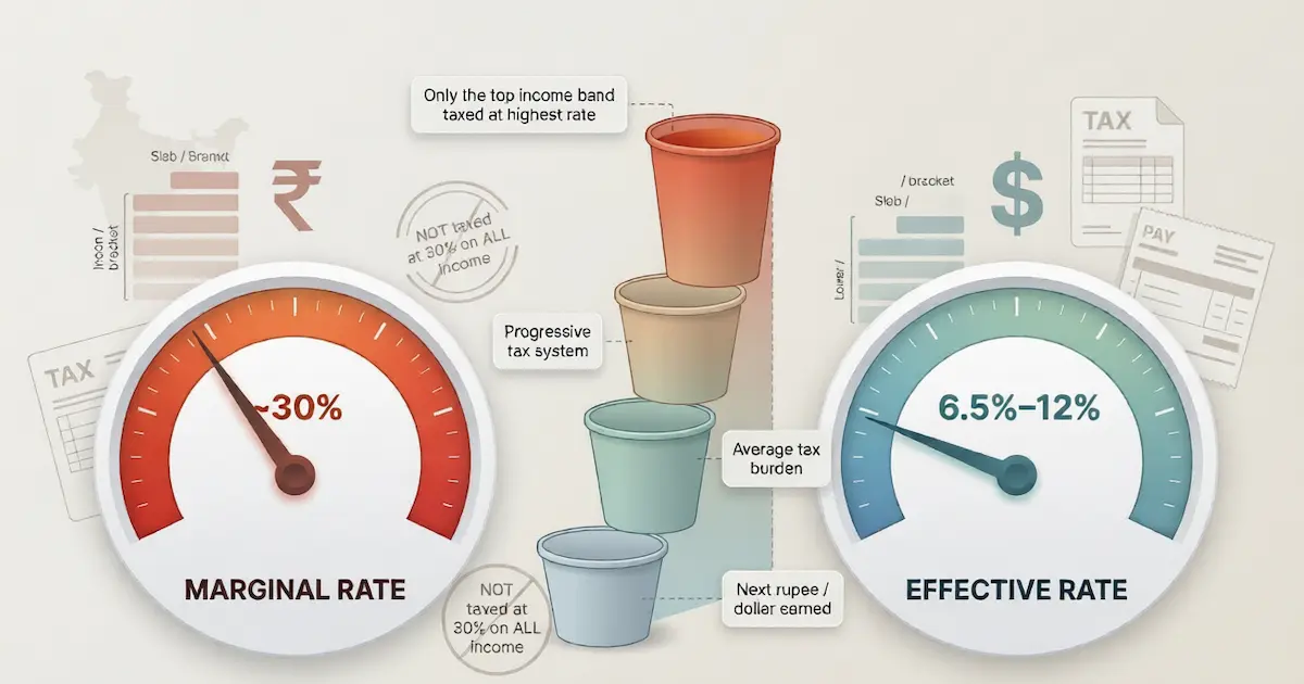 Two rate gauges side by side — one labelled MARGINAL showing 30% and the other labelled EFFECTIVE showing a much lower 12%, illustrating the structural gap between the two concepts in progressive tax systems