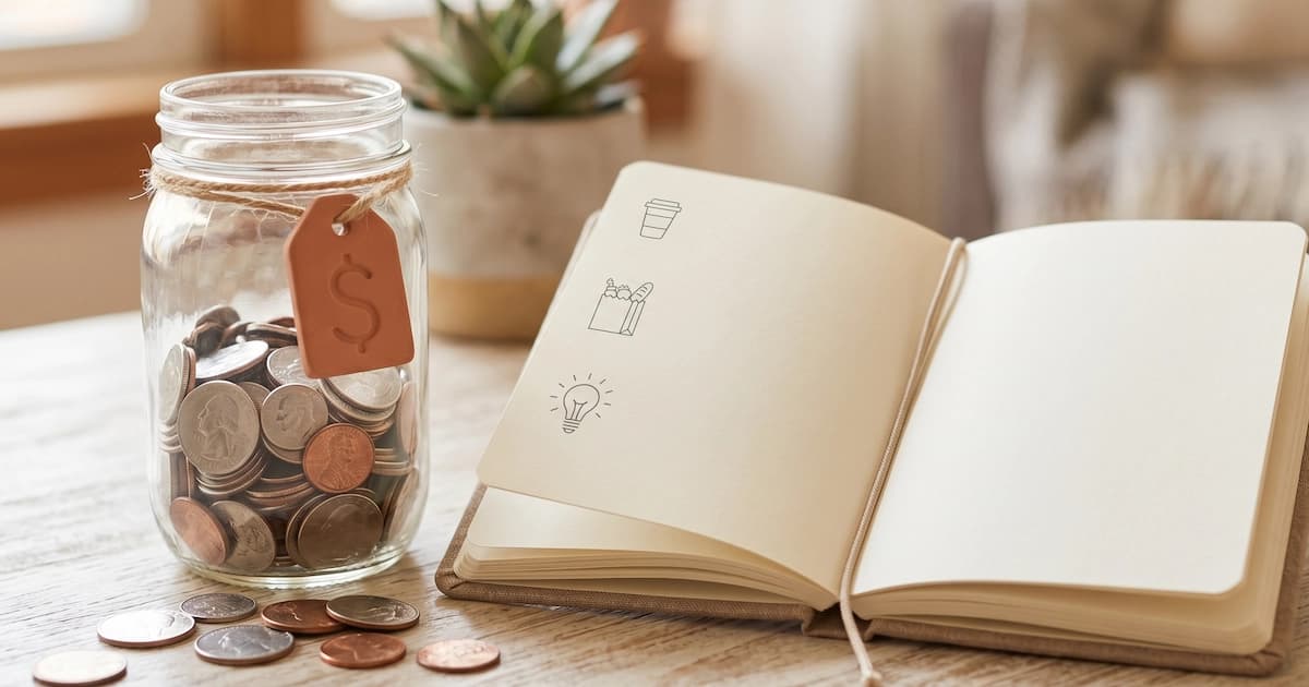 A small notebook listing money-saving tips next to a savings jar of coins