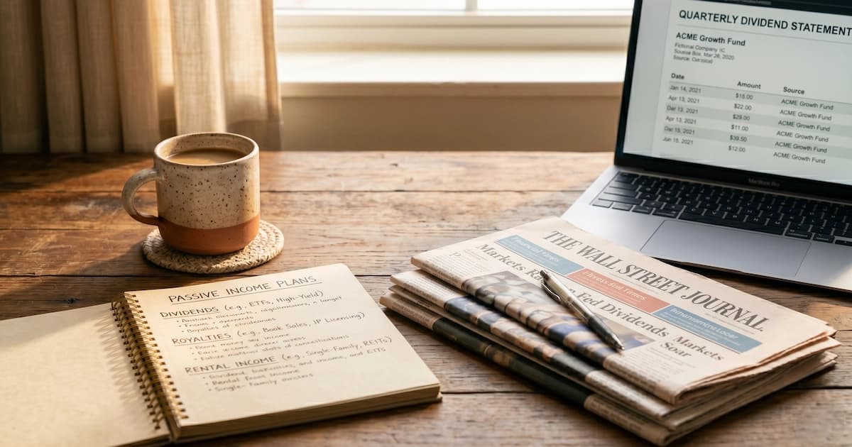 Coffee mug, notebook with passive income notes, and laptop showing dividend statement on a wooden desk