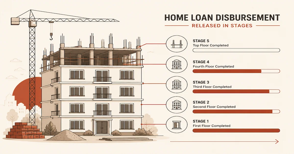 An under-construction apartment block with a home loan disbursement schedule showing money released in stages as each floor is completed