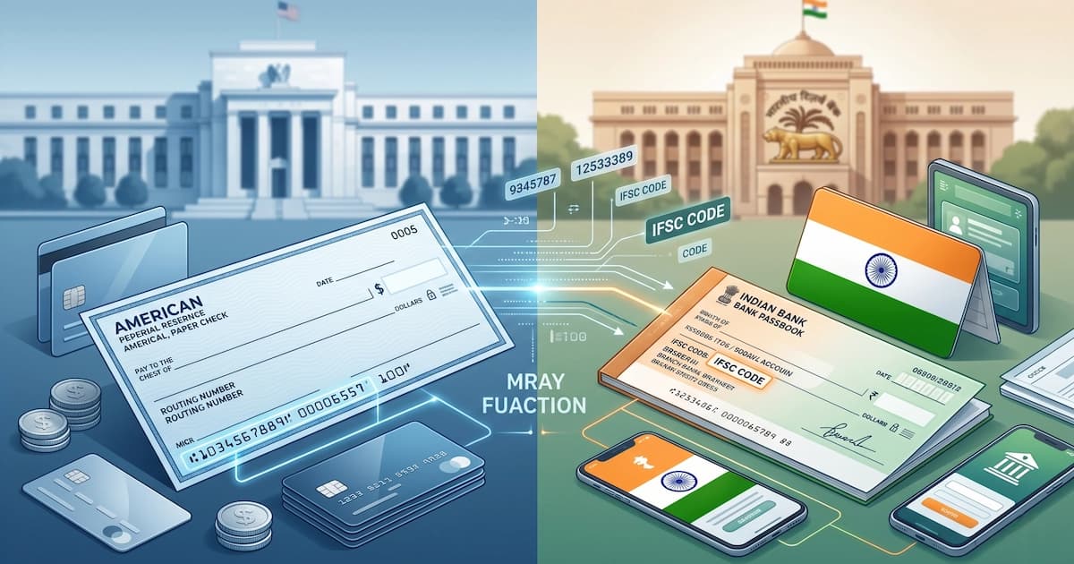 Close-up of a US cheque routing number and an Indian bank passbook IFSC code side by side, illustrating how each country's bank identifier code is structured