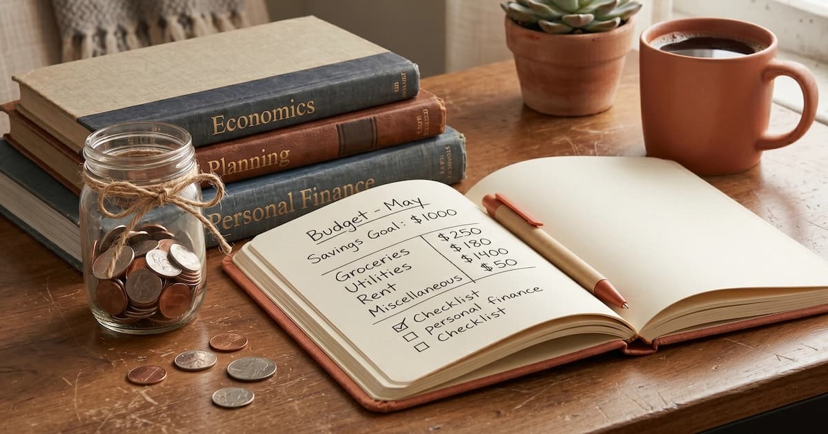 A student desk with textbooks, notebook, and a small savings jar of coins