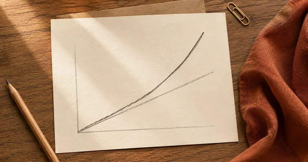 Two hand-drawn lines on paper showing simple interest rising in a straight line while compound interest curves upward away from it over time