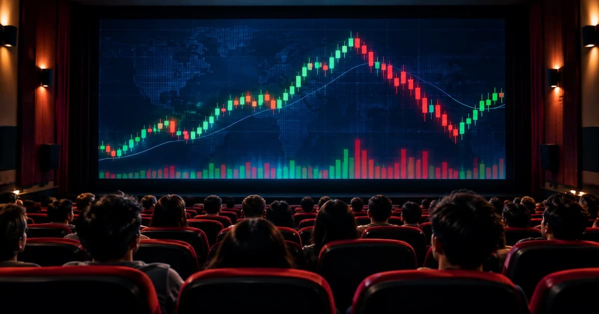 Cinema seats facing a screen showing a rising and falling stock market chart
