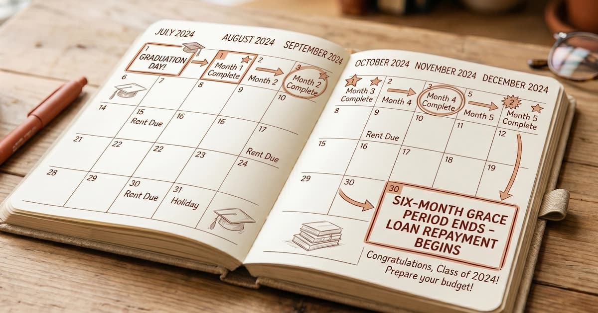 Calendar marked with six-month student loan grace period countdown after graduation