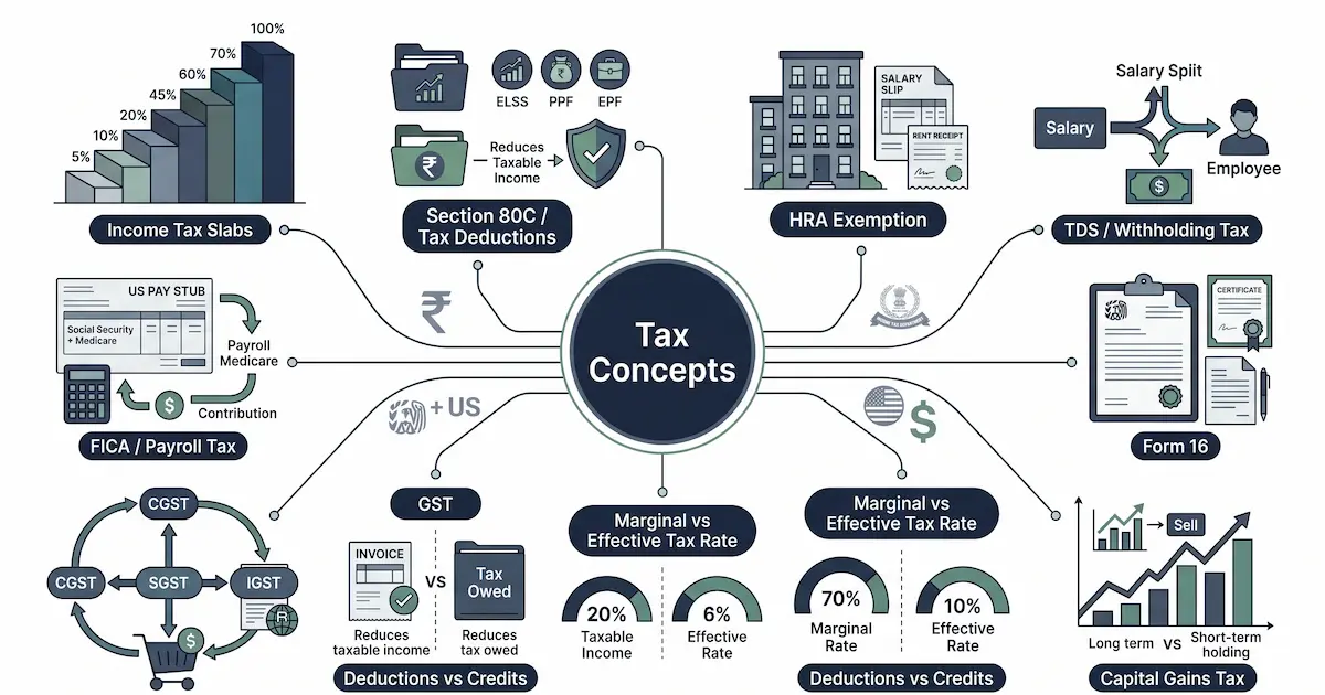 An interconnected diagram of ten tax concept nodes — slabs, deductions, credits, capital gains, TDS, FICA, GST — illustrating how the foundational vocabulary of Indian and US taxation fits together