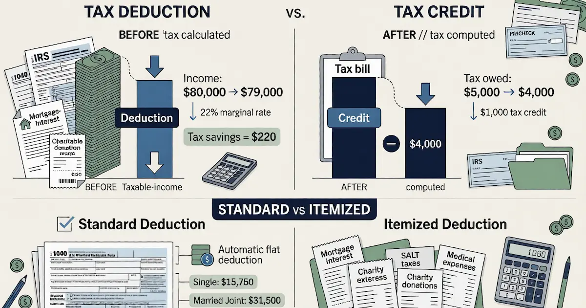 Side-by-side illustration showing how a tax deduction reduces taxable income before the rate is applied while a tax credit reduces the tax owed after the rate is applied, with example numbers