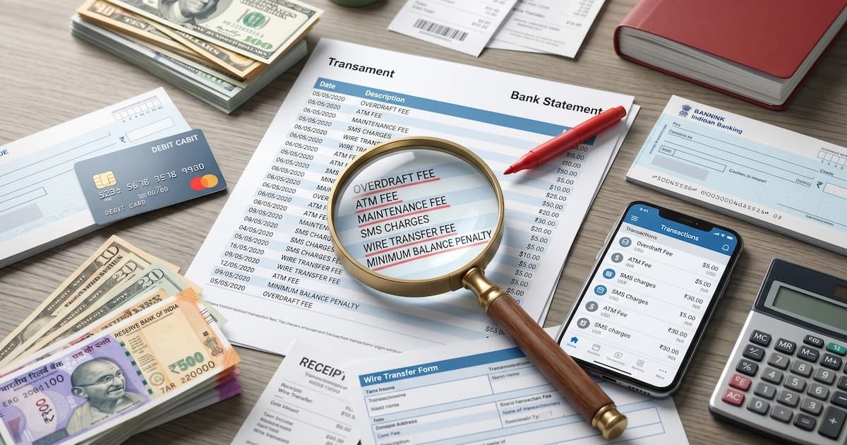Bank statement showing highlighted fee line items beside a magnifying glass, illustrating the hidden charges most account holders never audit