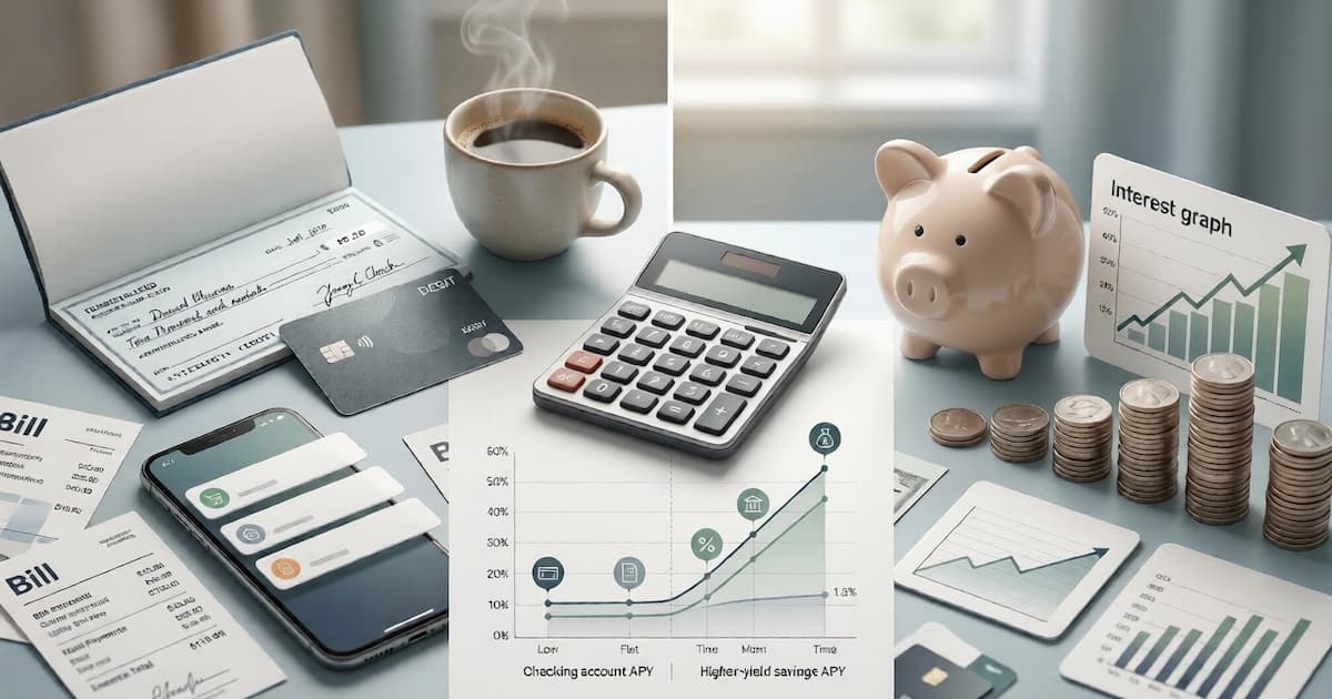 Open checkbook with a pen and a debit card on a wooden desk, illustrating the transactional nature of a checking account
