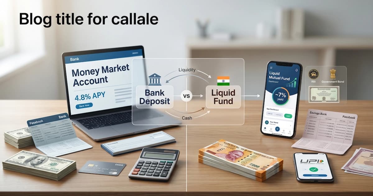 Stack of US dollar bills beside a savings passbook and a calculator showing a high APY rate, illustrating how a money market account combines savings interest with checking-account flexibility