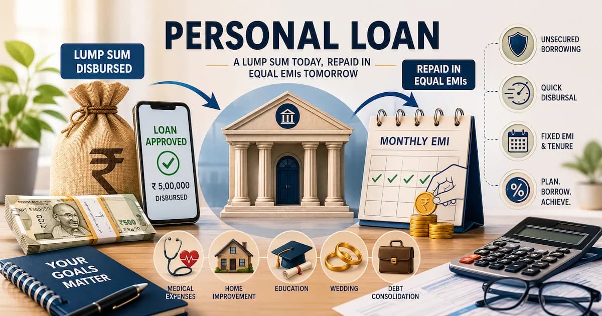 A personal loan illustrated as a lump sum disbursed upfront and repaid in equal fixed monthly installments over a set term