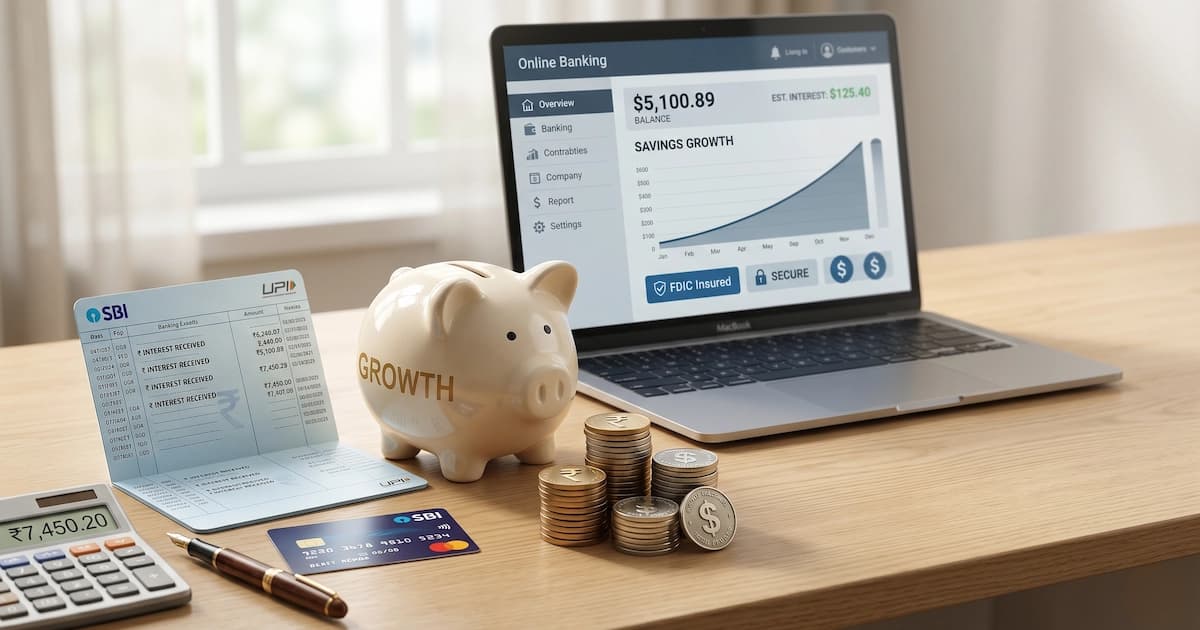 Ceramic piggy bank with coins beside a passbook and pen, illustrating how a savings account accumulates interest over time