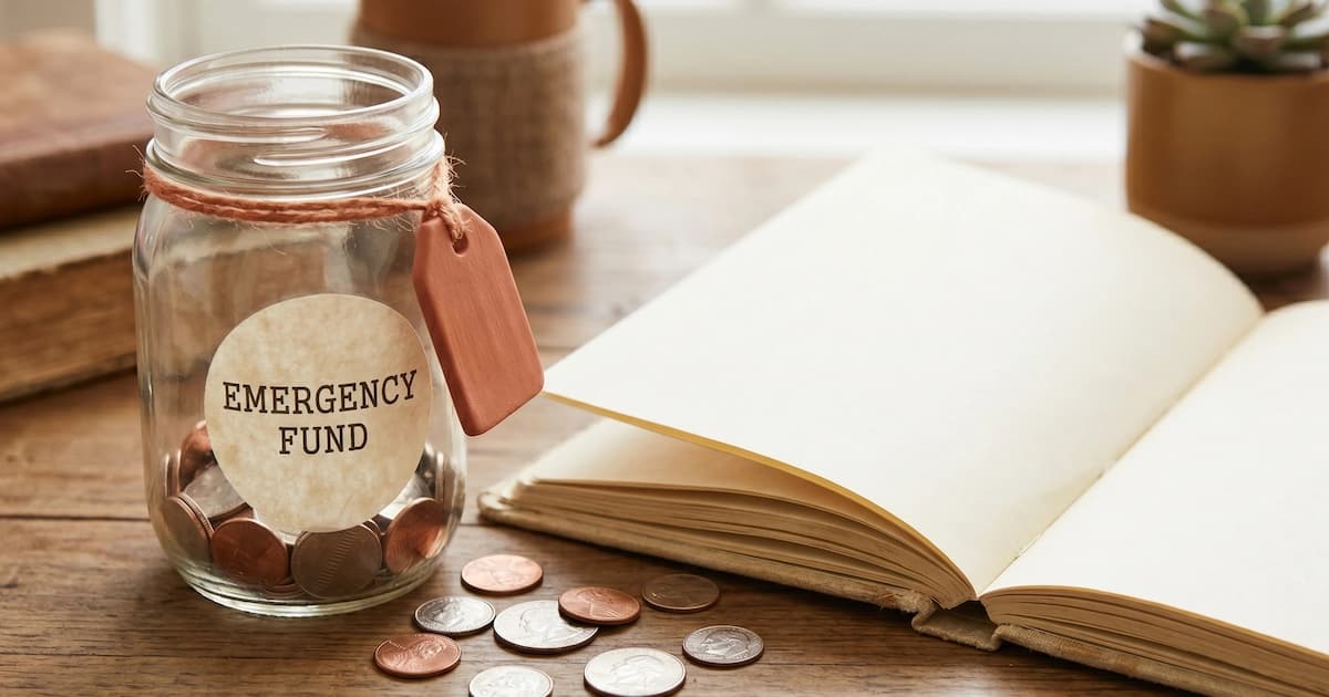 A clear glass jar labelled 'emergency fund' next to scattered coins and a notebook