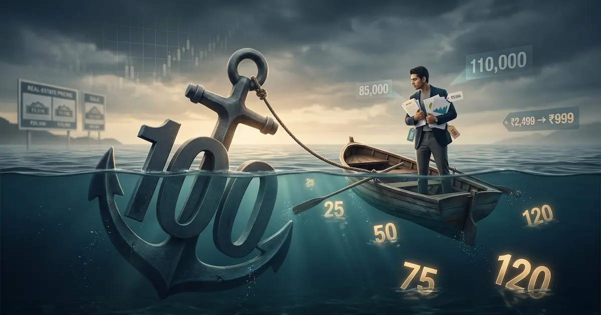 A boat anchored to a numeric '100' sitting at the bottom of the sea while smaller estimates float nearby, illustrating how the first number encountered anchors subsequent judgements