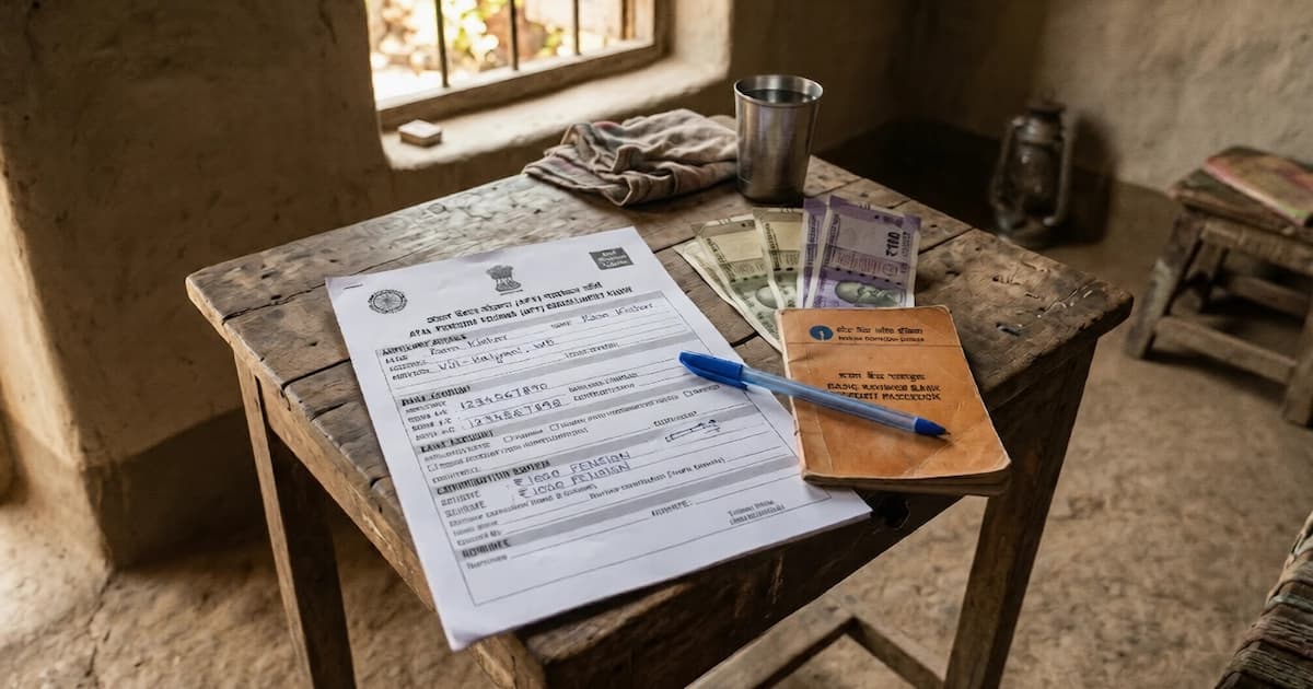 Atal Pension Yojana enrollment form beside Indian rupee notes and a savings book, illustrating the pension scheme for unorganized sector workers