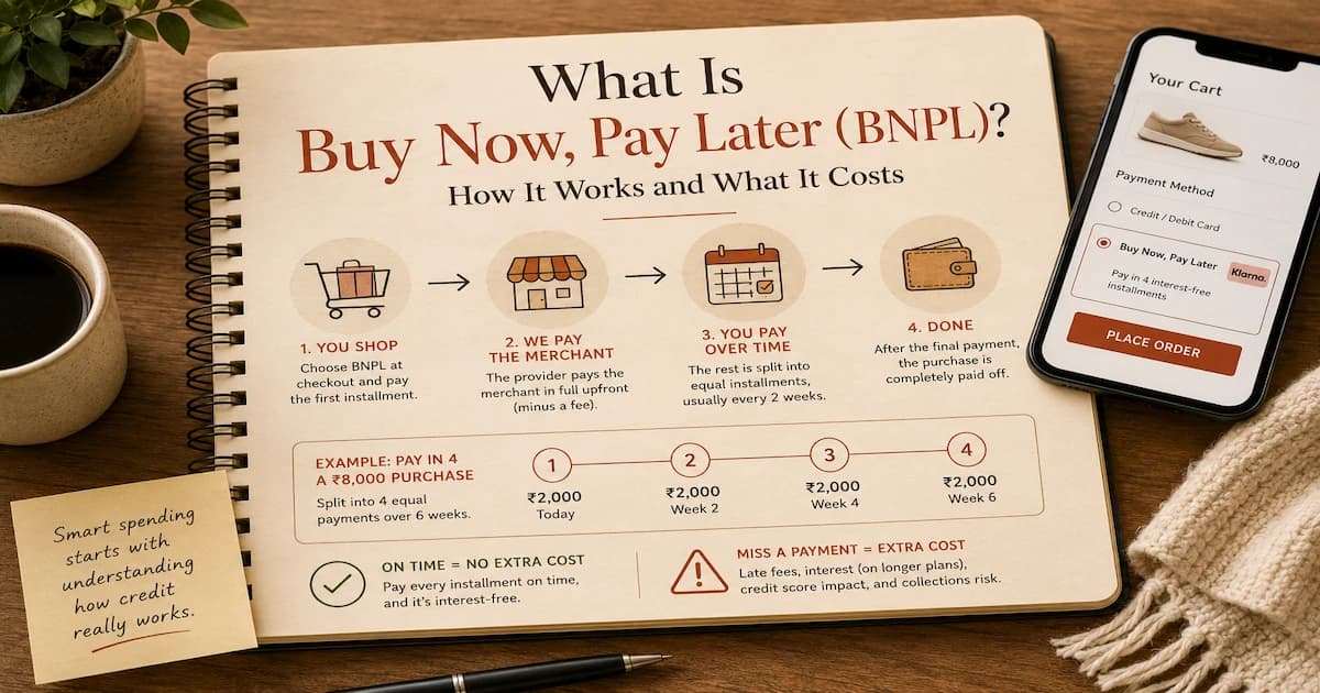 Buy Now Pay Later shown as a single purchase split into four equal installments paid over six weeks, with the provider paying the merchant upfront