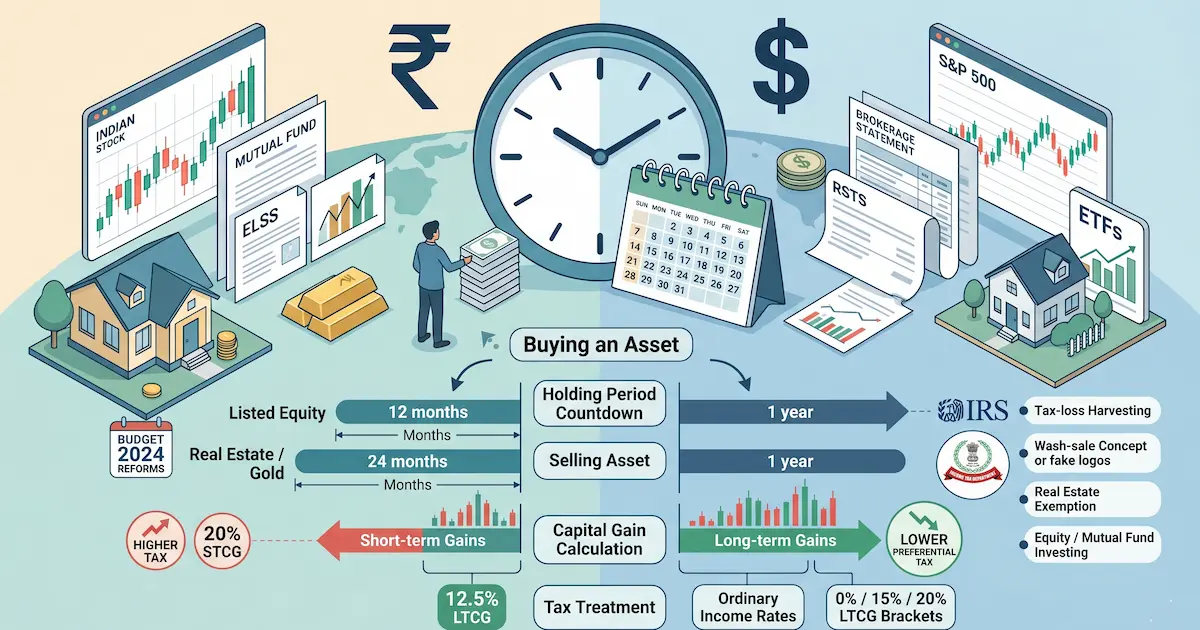 A clock and a calendar showing the holding-period threshold that separates short-term from long-term capital gains, alongside currency symbols for INR and USD