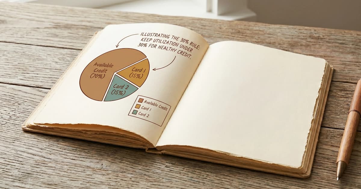 Pie chart showing credit utilization ratio across multiple credit cards, illustrating the 30% rule