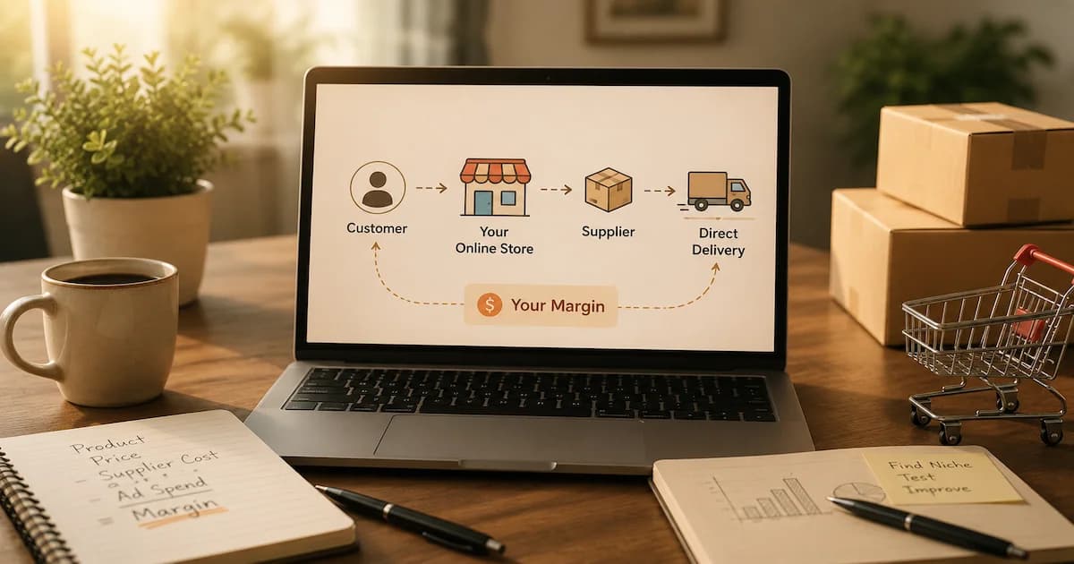 A diagram of the dropshipping order flow: customer to online store to supplier to direct delivery, with the margin gap highlighted