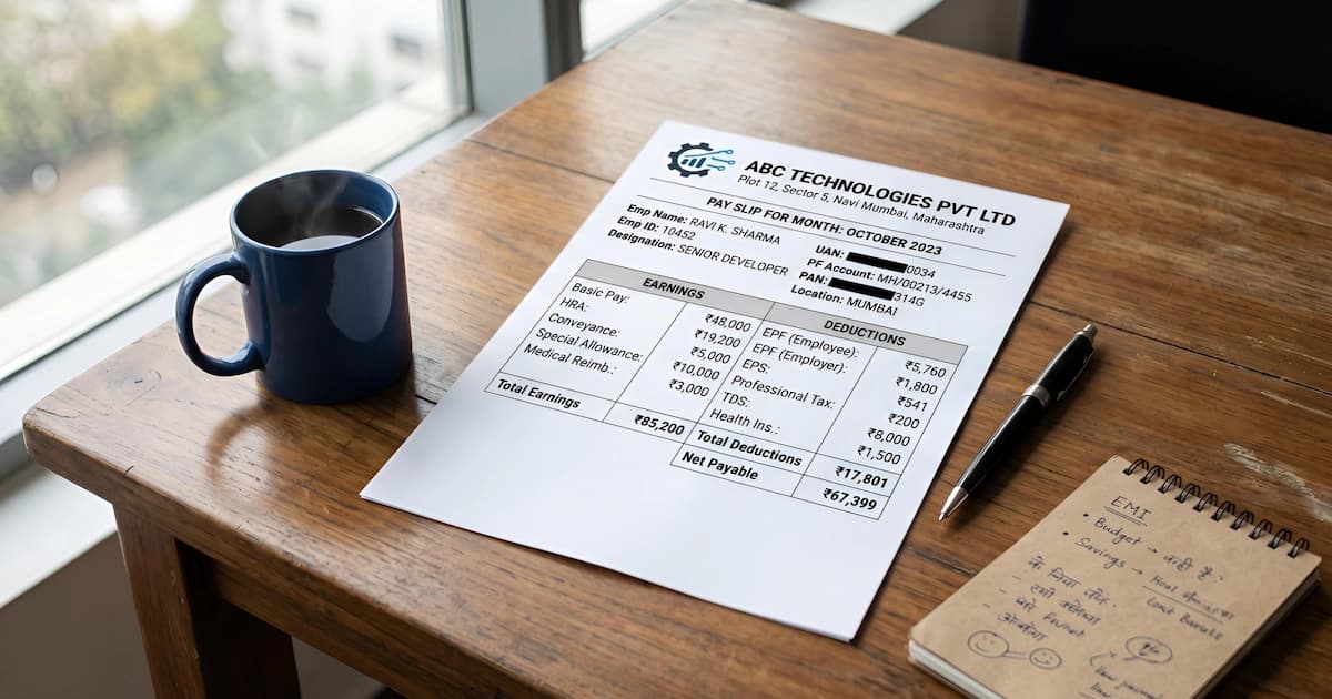 Indian pay stub showing EPF deduction alongside basic salary and net pay, illustrating how Employee Provident Fund contributions work