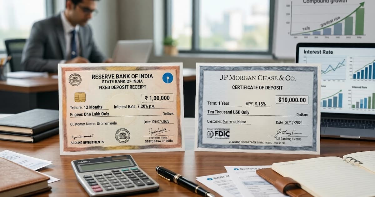 Two fixed deposit certificates beside a calculator and a pen, one labelled in rupees and one in dollars, illustrating the India FD and US CD as the same instrument