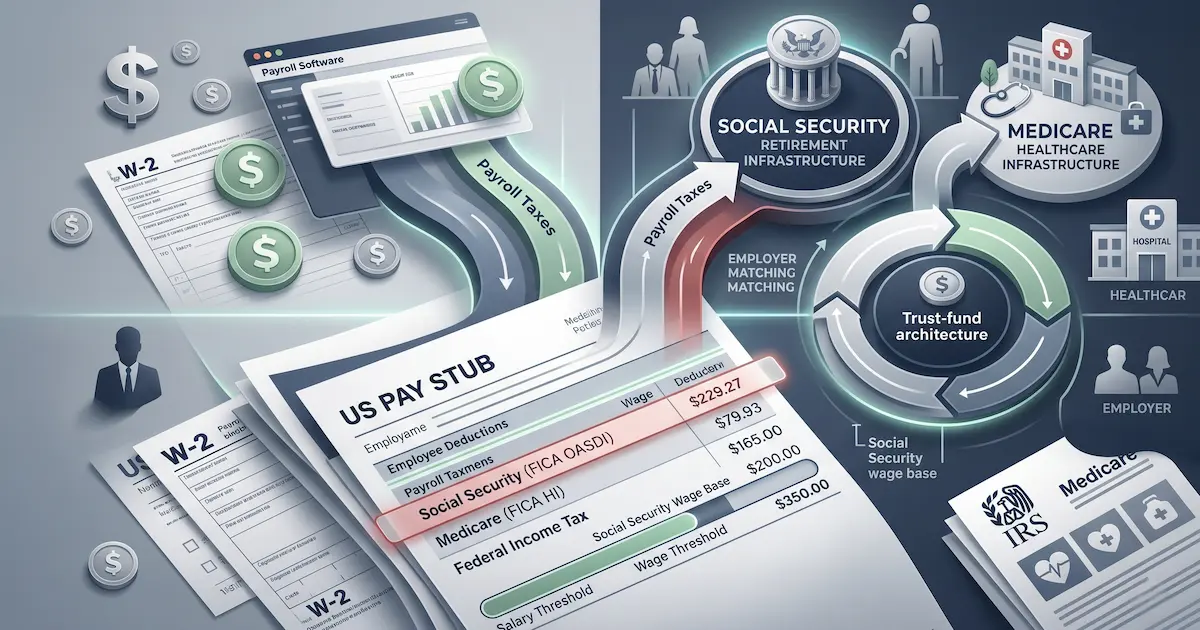 A US pay stub showing the FICA line item split into Social Security and Medicare components alongside federal income tax, with the wage base threshold highlighted