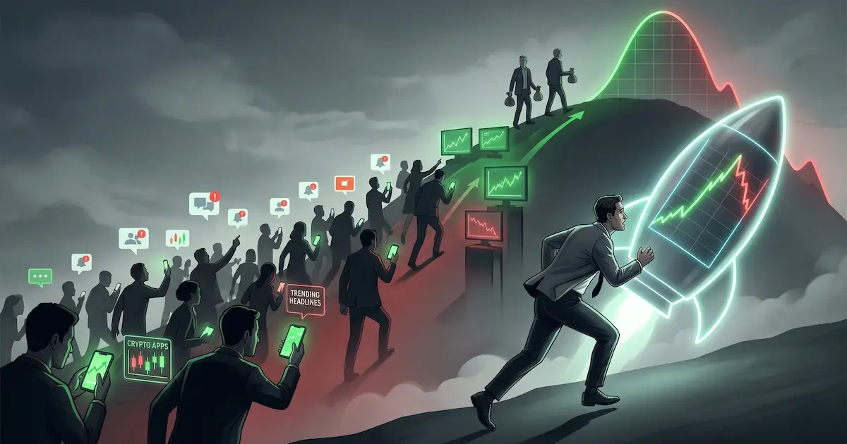 A trader chasing a rocket-shaped asset that has already passed its peak, with other investors visible cashing out at the top, illustrating the late-entry pattern of FOMO investing