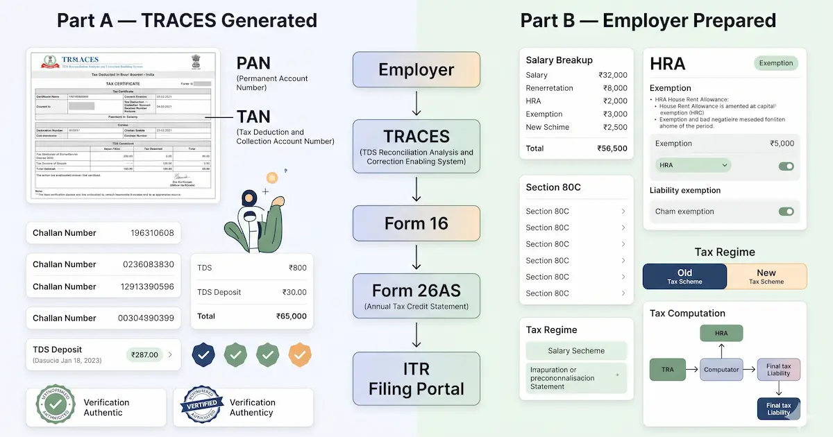 A two-part document showing Part A and Part B of Form 16 with salary breakup, deductions claimed, and TDS deducted across the financial year