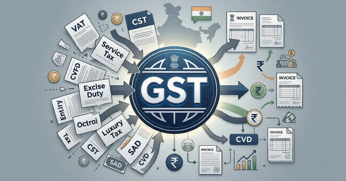 A unified GST flag replacing seventeen separate older tax labels representing the central and state levies subsumed by the Goods and Services Tax in July 2017