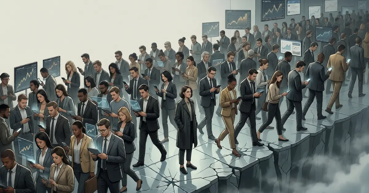 A crowd of investors all moving in the same direction toward a cliff while a single contrarian figure stands still, illustrating how herd mentality leads collective investment decisions toward predictable failures