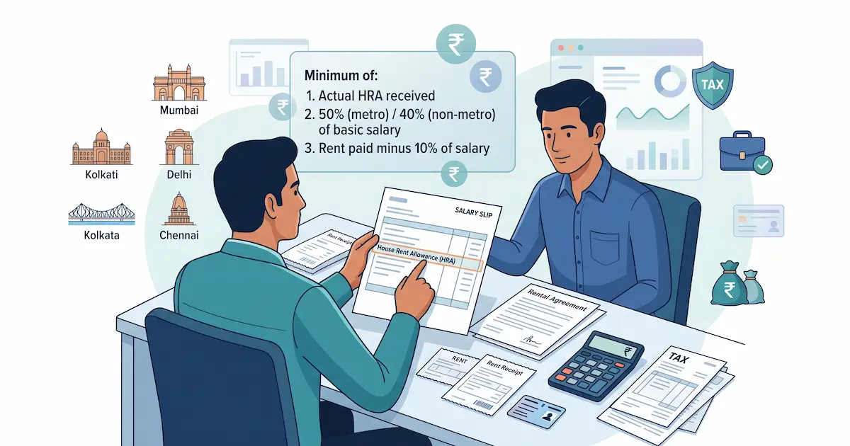 A salary slip with House Rent Allowance line item highlighted alongside rent receipts and a calculator showing the three-condition HRA exemption formula